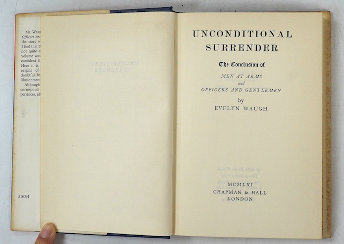 Waugh, Evelyn - Unconditional Surrender, 1st edition, with inserted Season’s Greetings card, ink inscribed - ‘’Dede, with the love and good wishes of the author’’, 8vo, blue cloth with gilt lettering, in an unclipped d/j